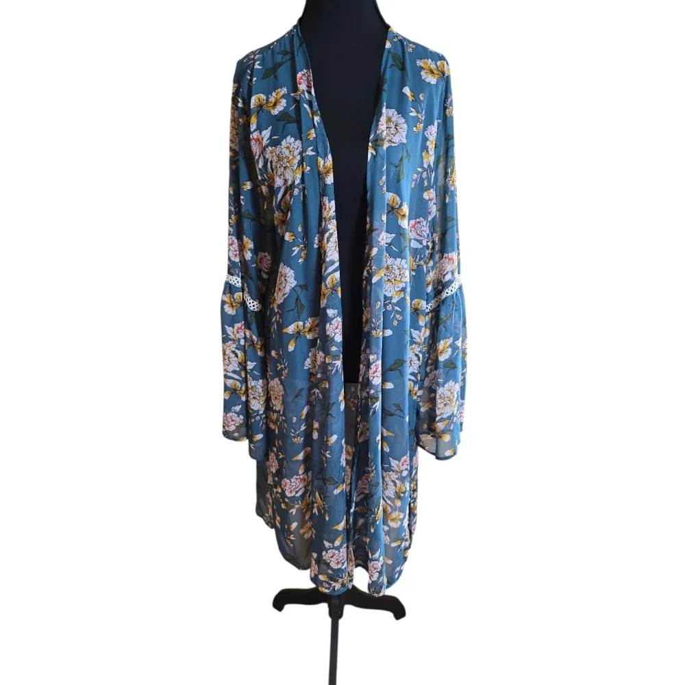 Emma And Grace Blue Floral Open-Front Kimono 2X